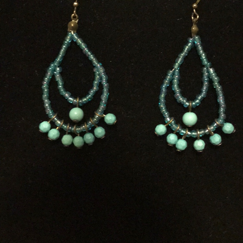 Boho teal beaded earrings lightweight artisan in teal